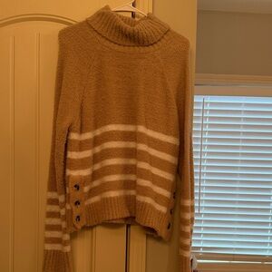Elegant Tan Striped Cowl Neck Sweater